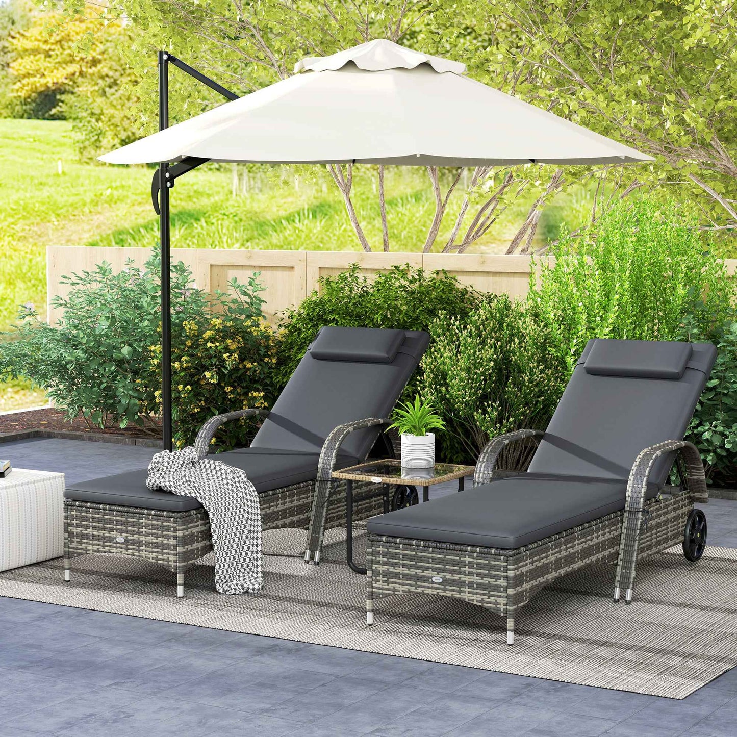 Set of 2 Outdoor Reclining Chaise Lounge Chairs – Rolling Patio Pool Loungers with Cushions, Armrests & Wheels (Deliver to United States Only)