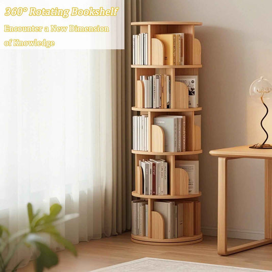 Natural Wood 5 Tier Rotating Bookshelf Tower with 360 Degree Round Display (United States Delivery Only)