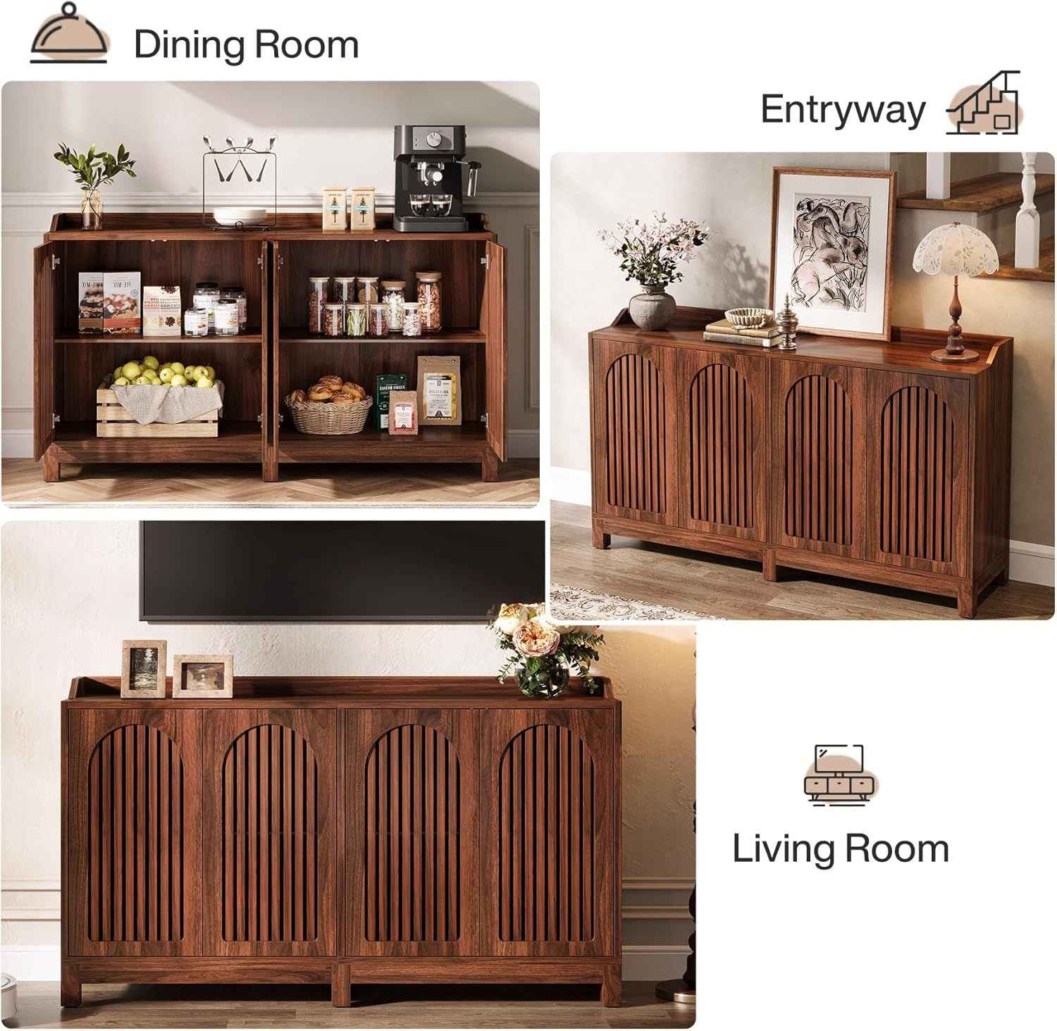 57" Farmhouse Sideboard Buffet Cabinet – Wood Storage Cabinet with Arched Grille Doors