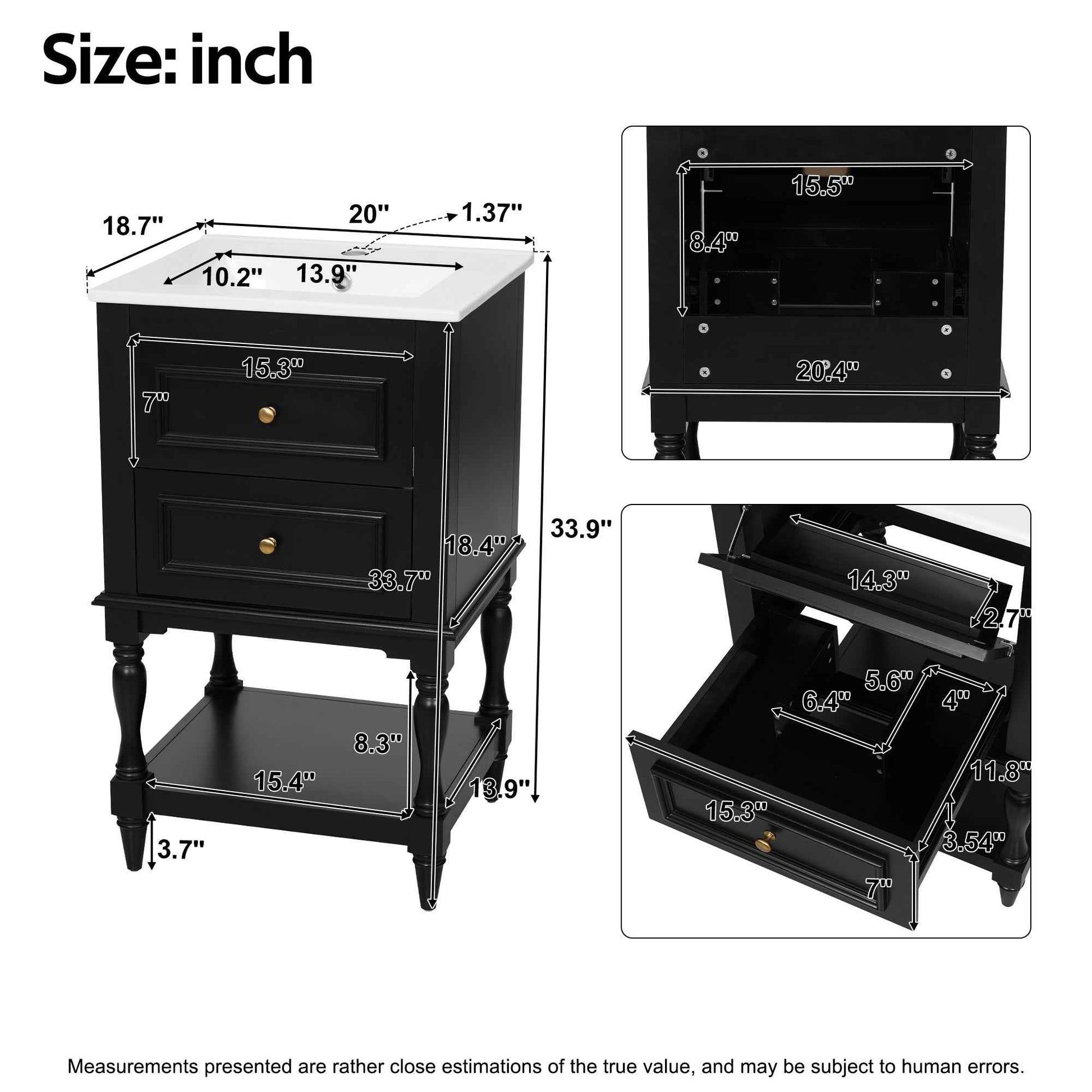 20 Inch Black Bathroom Vanity with Ceramic Sink – Retro Freestanding Cabinet with 2 Drawers