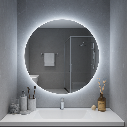 Ondelle Round Backlit LED Bathroom Mirror — Dimmable 3-CCT Halo, Hardwired | 24″, 28″, 32″