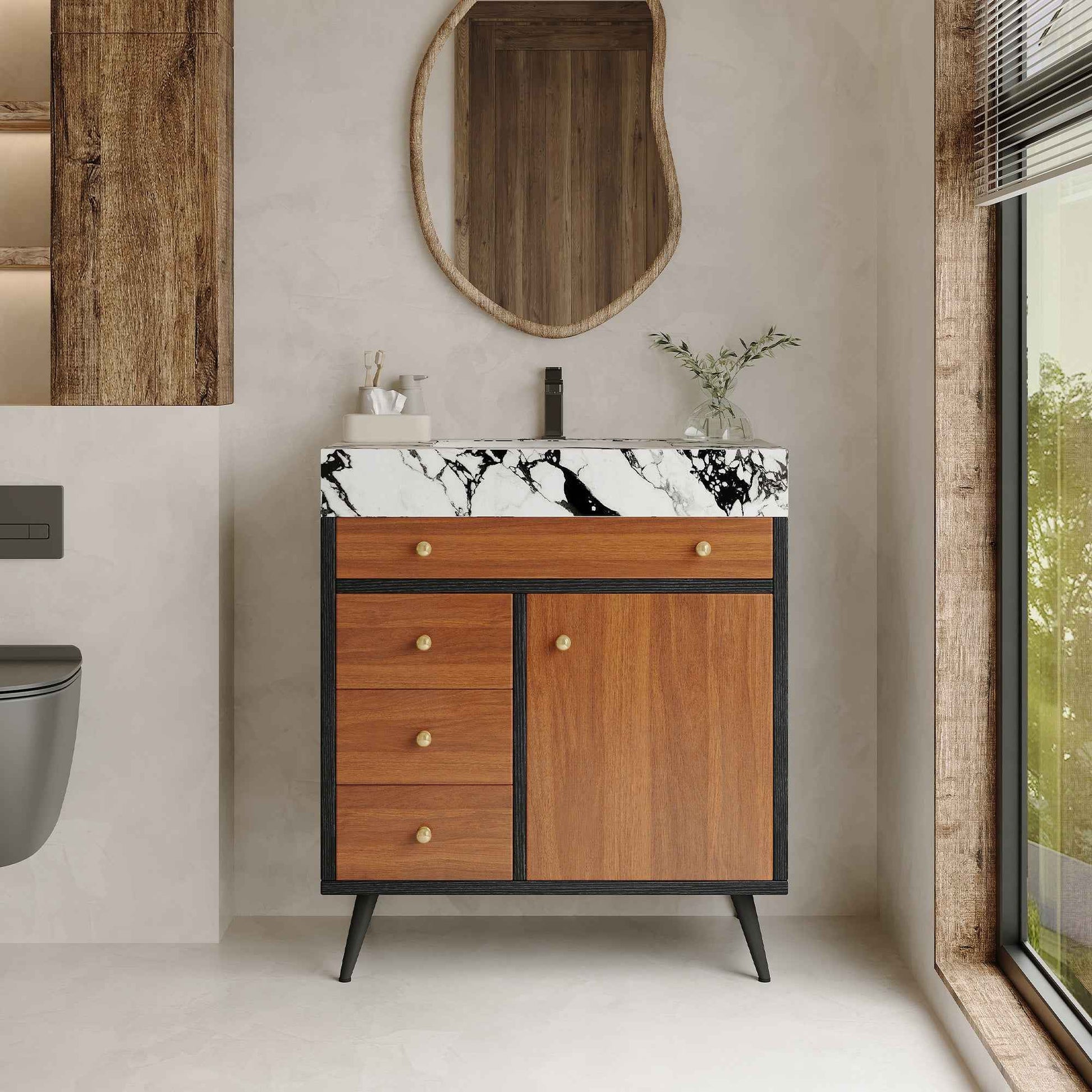 30" Modern Freestanding Bathroom Vanity with Ceramic Sink & Sintered Stone Top – Soft Close Storage Cabinet