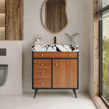 30" Modern Freestanding Bathroom Vanity with Ceramic Sink & Sintered Stone Top – Soft Close Storage Cabinet