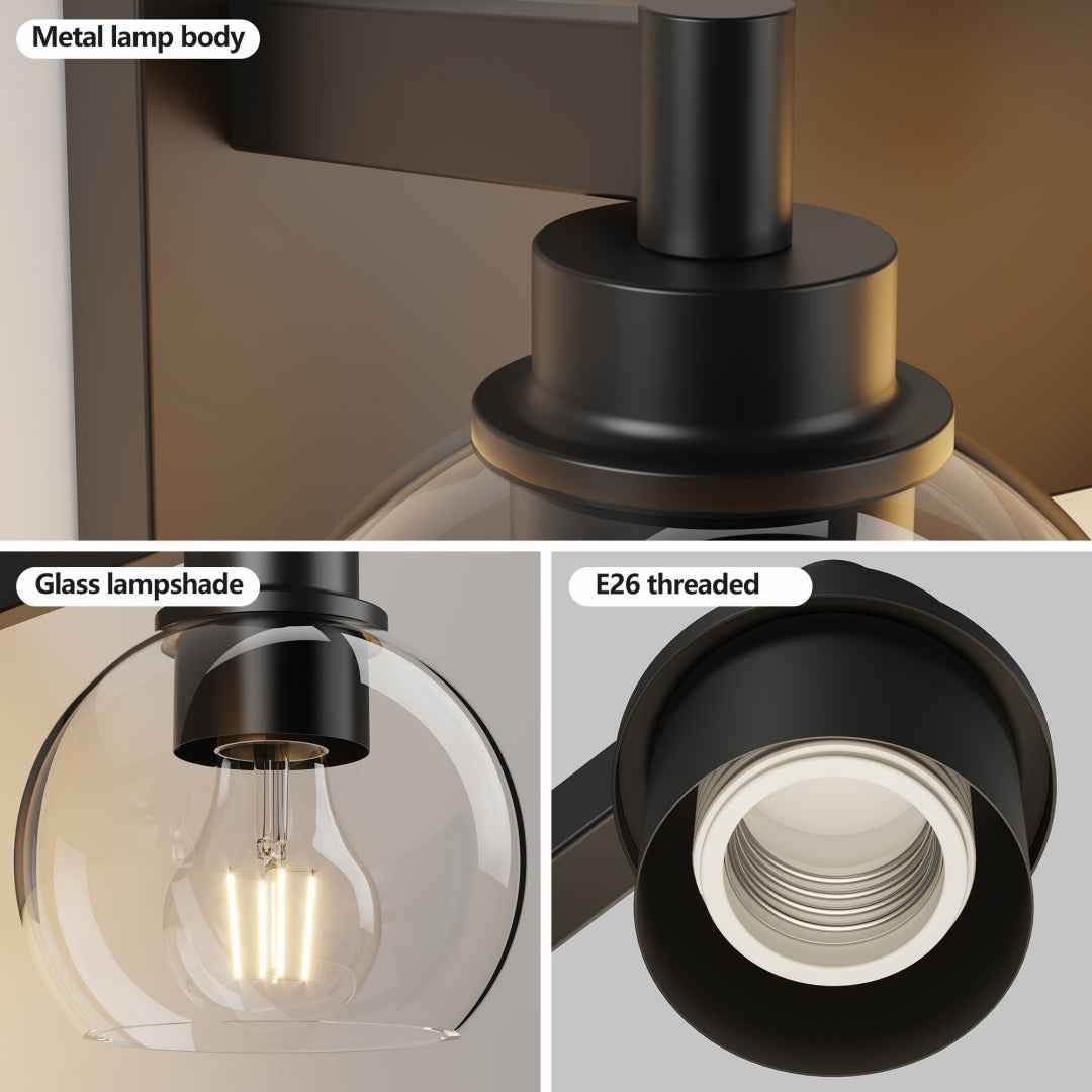 4-Light Matte Black Bathroom Vanity Light – Clear Glass Globe Wall Fixture