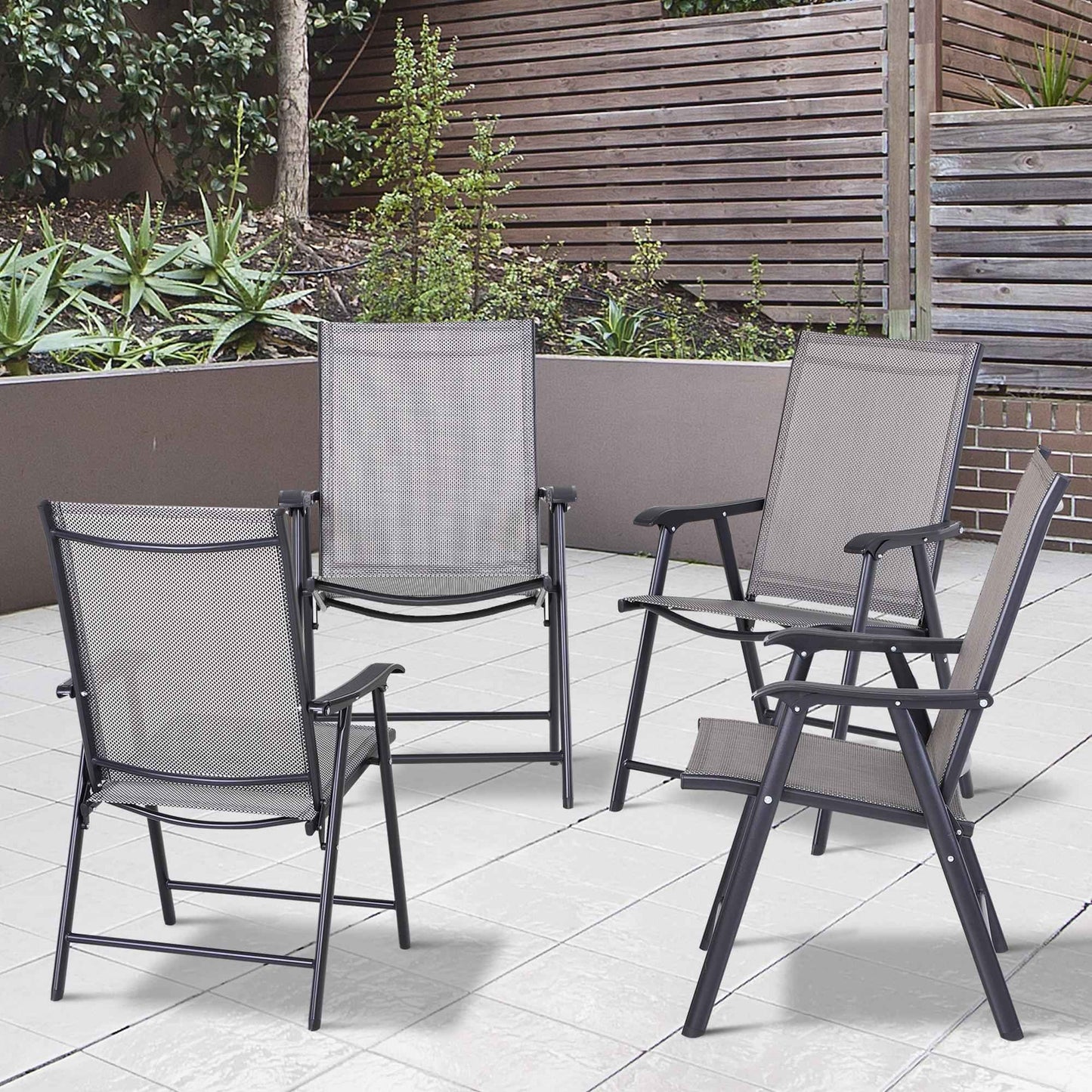 Set of 4 Outdoor Folding Chairs – Stackable Patio Dining Chairs with Armrests, Gray & Black Metal Frame (United States Delivery Only)
