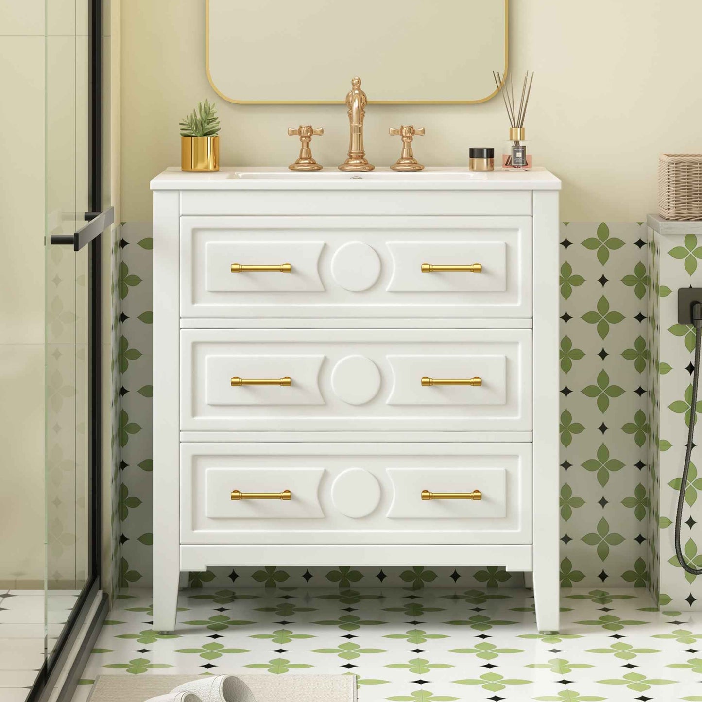 30 Inch Bathroom Vanity with Ceramic Sink – Retro White Freestanding Cabinet with 3 Drawers
