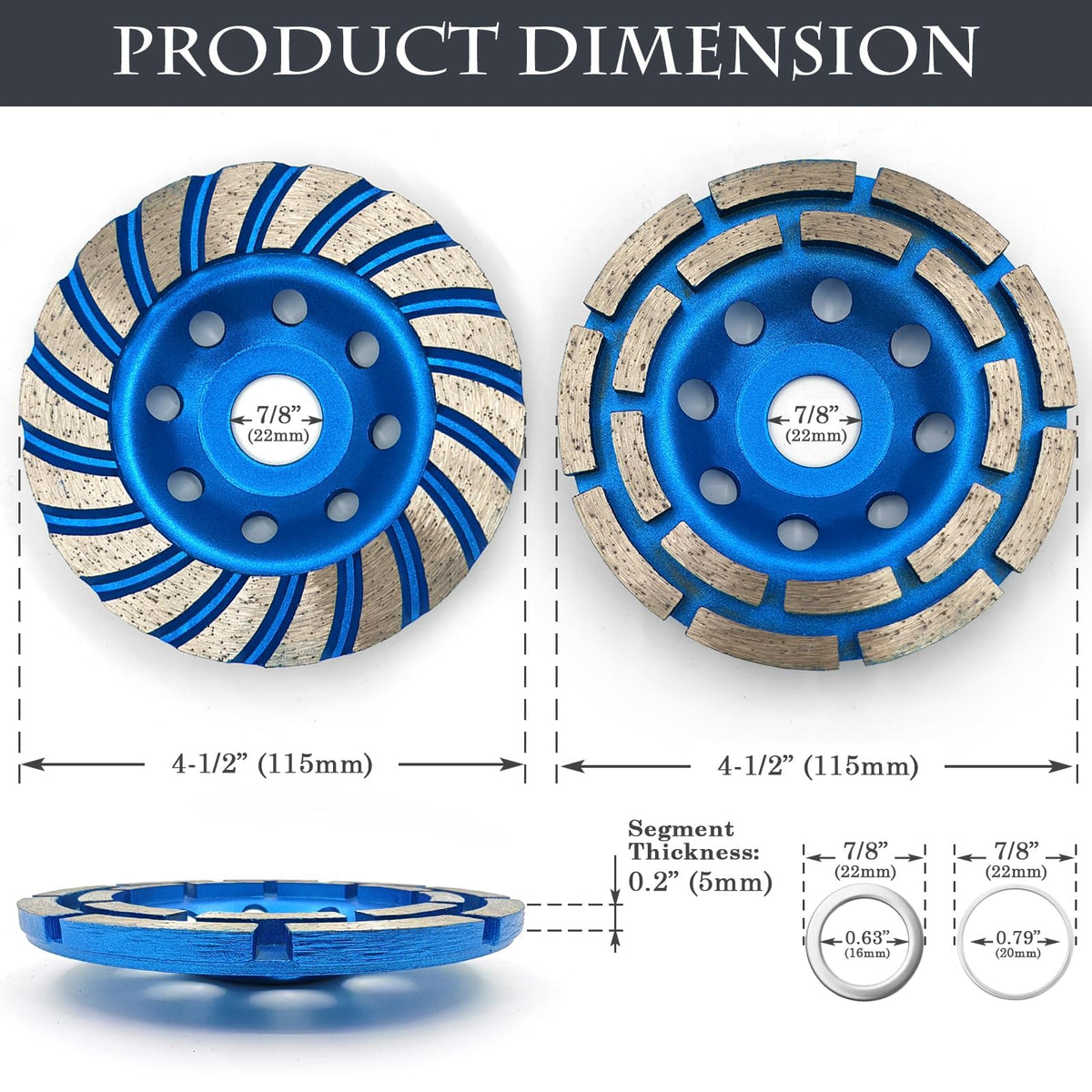 SWIGRANCE 2Pcs Diamond Concrete Grinding Cup Wheels 115mm 4-1/2" Set (Double Row + Turbo Row Segment), Fits 7/8" Arbor for Angle Grinder, Shaping Cleaning Concrete Masonry Marble Granite Brick 🍁 All In One Marketplace Canada