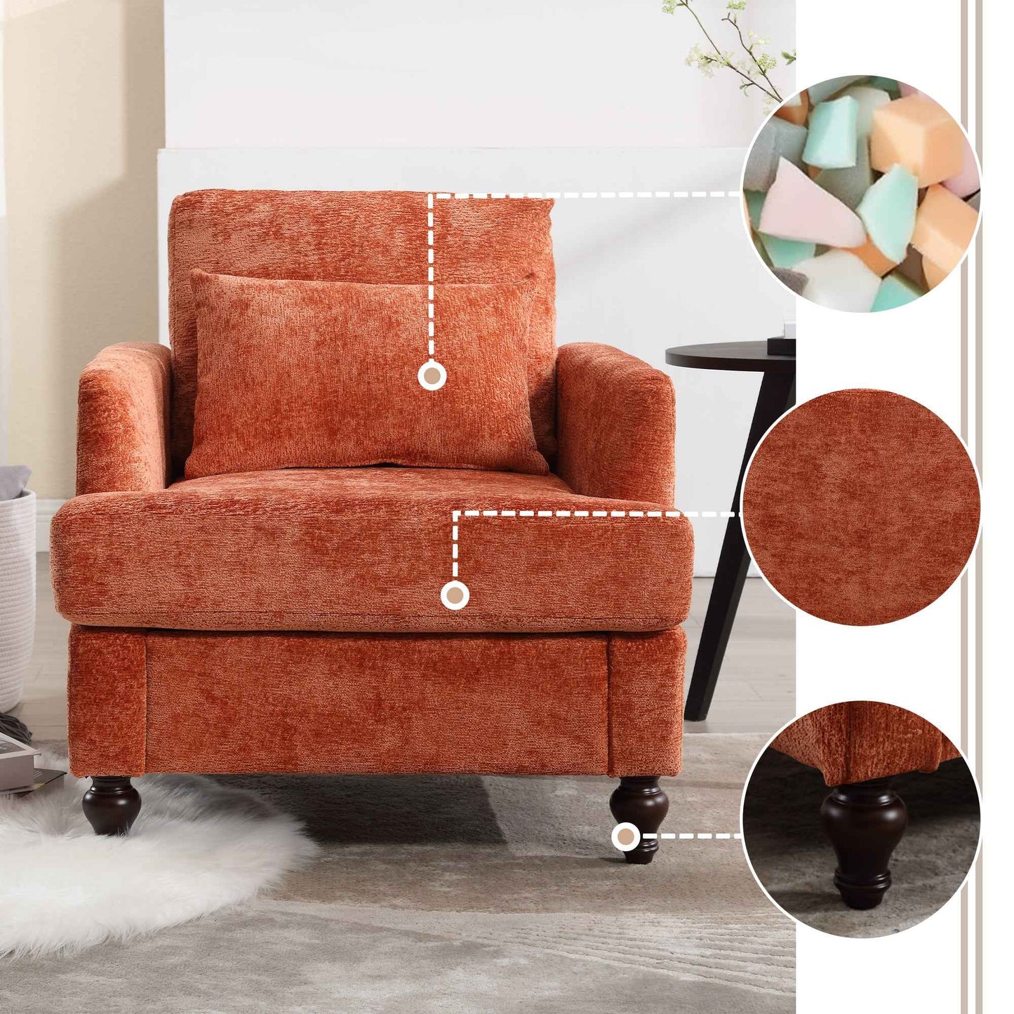 Orange Chenille Accent Armchair – Mid-Century Modern Tufted Club Chair with Solid Wood Frame (Deliver to United States Only)