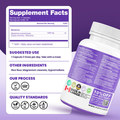 Nutrawave PURE Berberine MAXIMUM POTENCY 1000mg per Serving (2 capsules 500mg each) Supports Blood Sugar Levels, Healthy Lipid (Fat) and Glucose Metabolism. Non-GMO, Vegan, Gluten Free. 90 Easy to Swallow Capsules- 2 pack 🍁 All In One Marketplace Canada