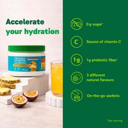 Organika Canadian-Made Electrolytes Powder with Vitamin C & Prebiotic Fibre - Sugar-Free Hydration Drink Mix - Pineapple PassionFruit - 210 g - 60 servings 🍁 All In One Marketplace Canada
