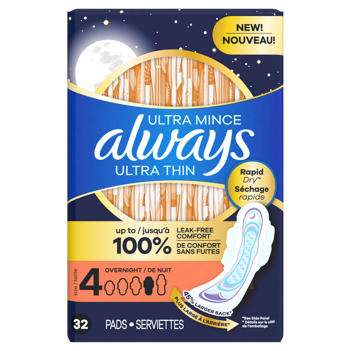 Always Ultra Thin Feminine Pads with Wings for Women, Size 4, Overnight Absorbency, Unscented, 96 Count 🍁 All In One Marketplace Canada
