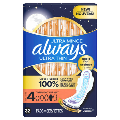 Always Ultra Thin Feminine Pads with Wings for Women, Size 4, Overnight Absorbency, Unscented, 96 Count 🍁 All In One Marketplace Canada