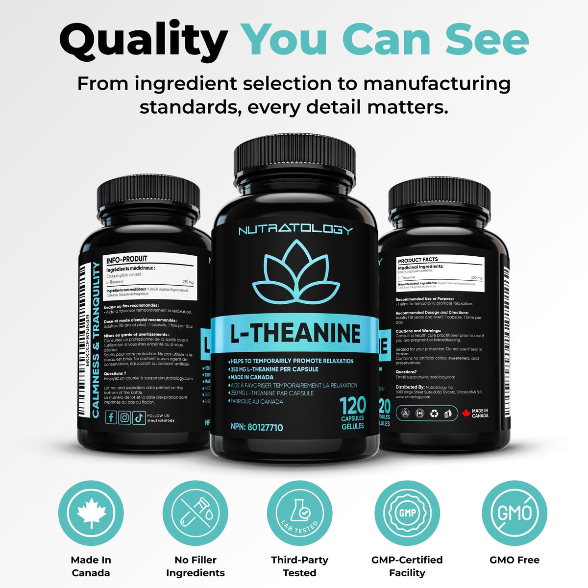 Nutratology® L-Theanine 250MG Capsules | Canadian-Made | For Stress Management | Promotes Relaxation & Calmness Without Drowsiness - L-Theanine Supplement for Stress Relief | 120 Capsules 🍁 All In One Marketplace Canada