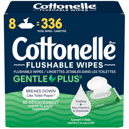 Cottonelle GentlePlus Flushable Wet Wipes with Aloe & Vitamin E, Adult Wet Wipes, 8 Flip-Top Packs, 42 Wipes per Pack (336 Total Flushable Wipes) 🍁 All In One Marketplace Canada