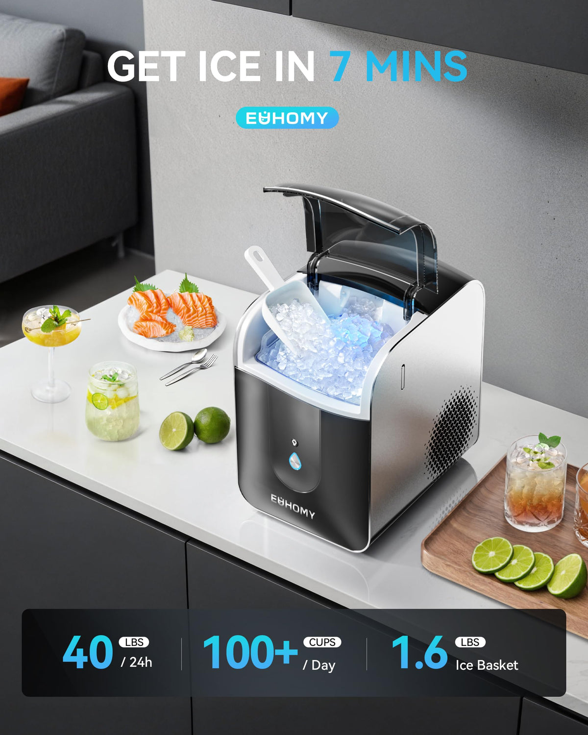 EUHOMY Smart Nugget Ice Maker Countertop, 40lbs/24H Sonic Ice Machine with APP Control, Ready in 8 Mins, Self-Cleaning Pebble Ice Machine for Home/Kitchen/Office