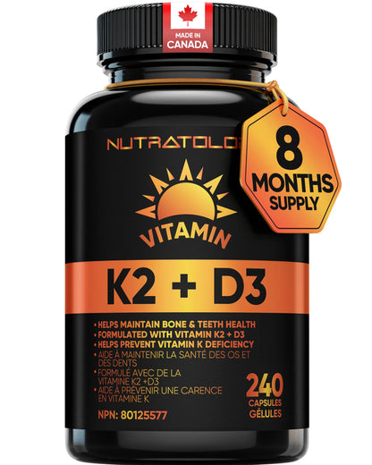 Nutratology® Vitamin K2 + D3 | Canadian-Made | Highest Potency 120MCG/1000 IU - 240 Capsules - Helps Maintain Bone & Teeth Health - Formulated With MK-7 For Best Results - Immune System Support. 🍁 All In One Marketplace Canada