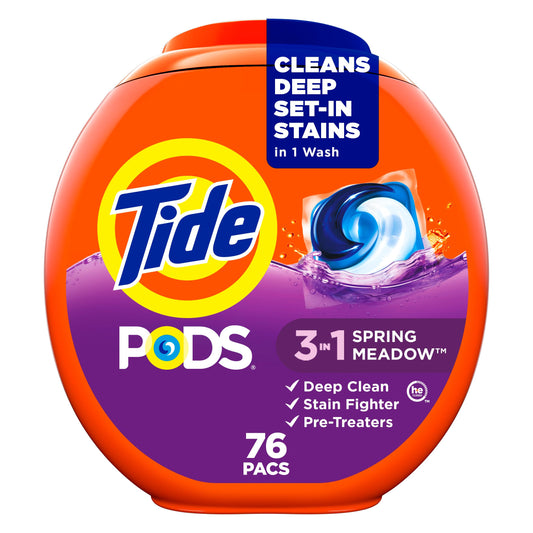 Tide PODS laundry detergent pacs, 3-in-1 Stain Remover, Odor Fighter, Color ProteCountor, 76 Count, HE compatible, Spring Meadow Scent 🍁 All In One Marketplace Canada