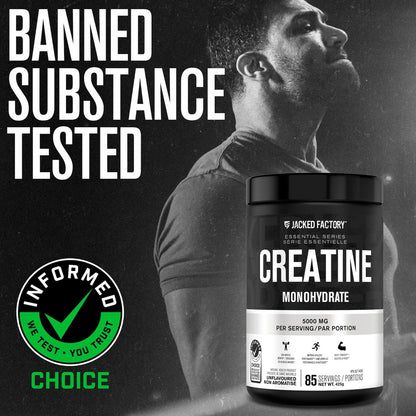 Jacked Factory Creatine Monohydrate Powder 425g - Canadian-Owned Informed Choice Certified Supplement for Increased Muscle Mass*, Improved Strength, Power, & Performance** - 85 Servings, Unflavored 🍁 All In One Marketplace Canada