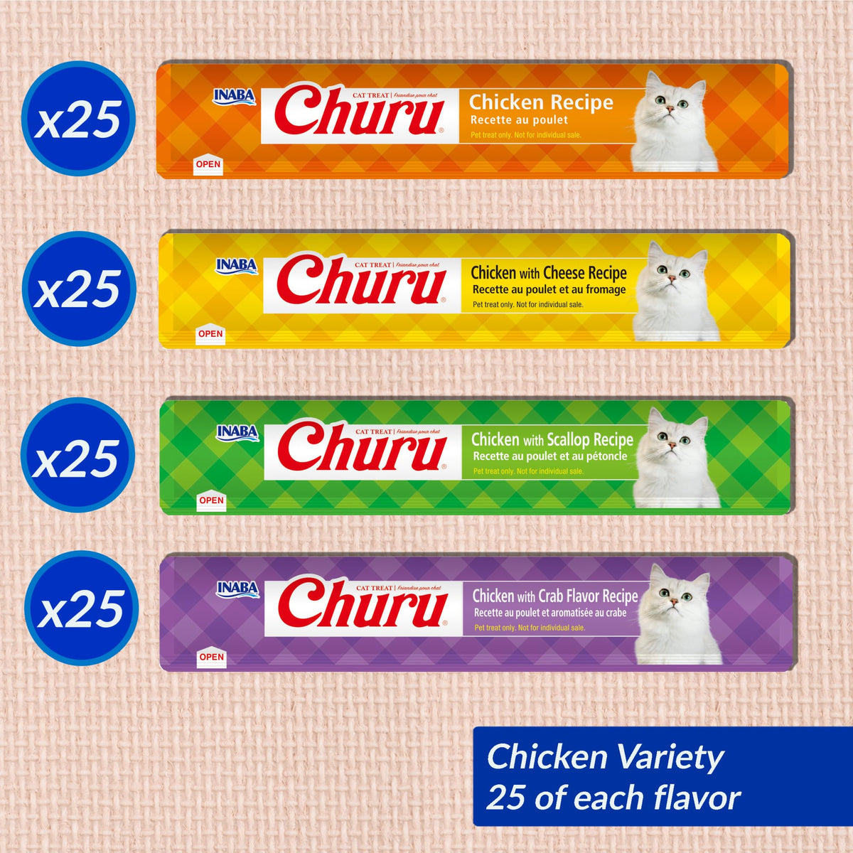INABA Churu Cat Treats, Lickable, Squeezable Creamy Purée with Vitamin E, 14 Grams per Tube, 100 Tubes Total, Chicken Variety 🍁 All In One Marketplace Canada