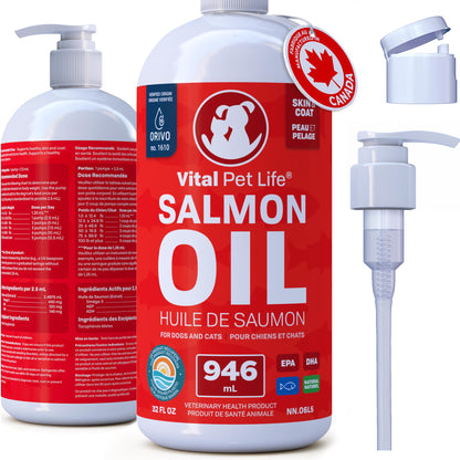 Salmon Oil for Dogs 946 mL - Healthy Skin & Coat, Fish Oil, Omega 3 EPA DHA, Liquid Food Supplement for Pets, All Natural, Supports Joint & Bone Health, Natural Allergy & Inflammation Defense 🍁 All In One Marketplace Canada