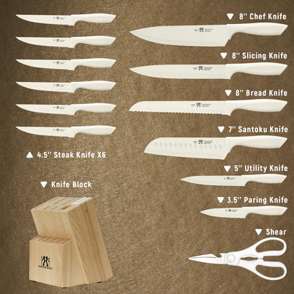 HUNTER.DUAL Knife Set, Dishwasher Safe Kitchen Knife Set with Block, 15 Pcs Cream Kitchen Knife Sets with Block Self Sharpening, 6 Steak Knives (Cream) 🍁 All In One Marketplace Canada