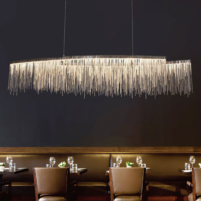 Personalized Minimalist Chandelier – Modern Silver Aluminum Pendant Light with Tassel Design for Dining & Living Room