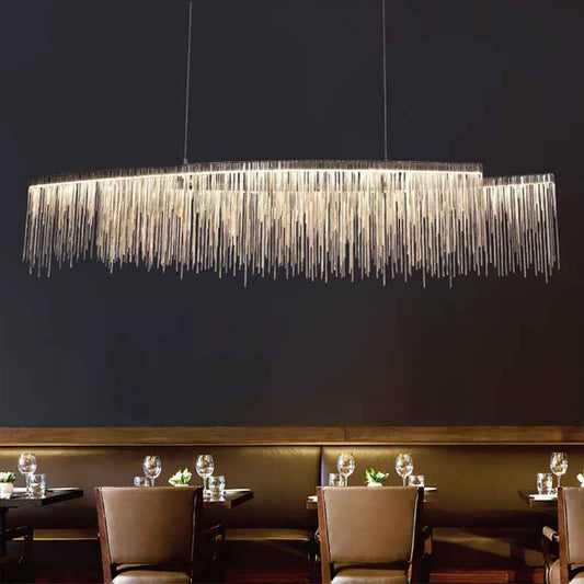 Personalized Minimalist Chandelier – Modern Silver Aluminum Pendant Light with Tassel Design for Dining & Living Room
