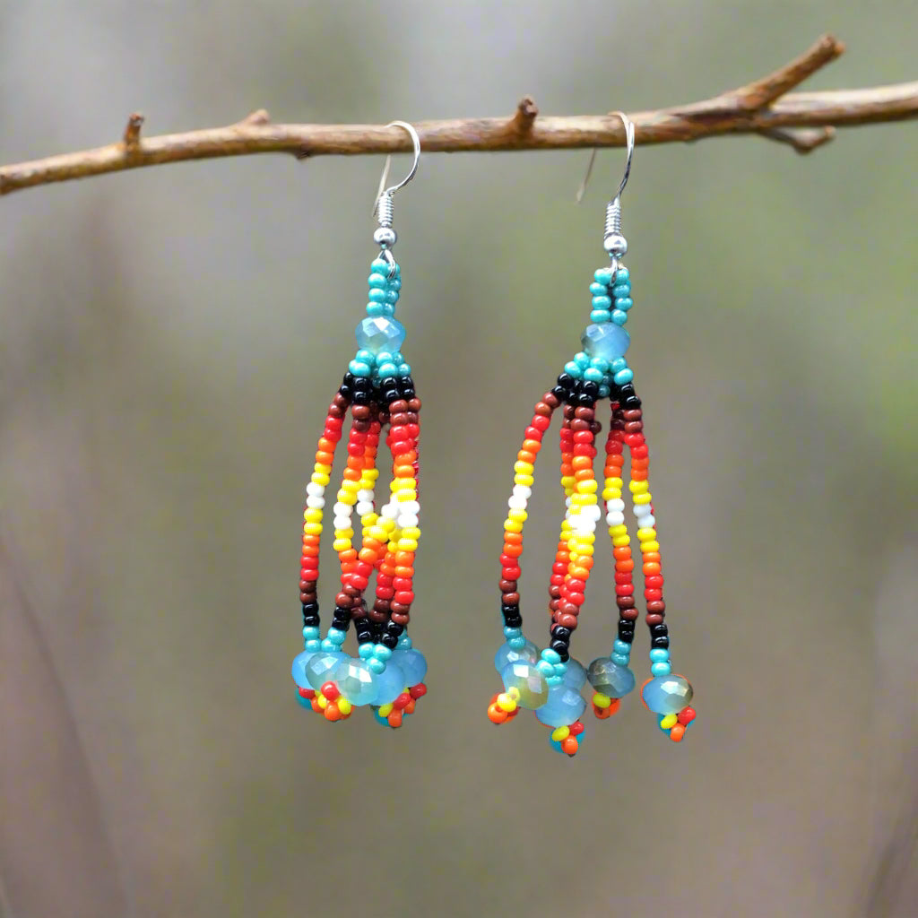 Turquoise Six-Strand Beaded Cascade Earrings