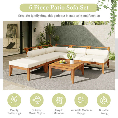 TOPMAX 6-Piece Acacia Wood Patio Sofa Set with Cushions, Modular L-Shaped Outdoor Sectional, Convertible Daybed, Ottoman & Tea Table – Teak Beige (Deliver to United States Only)