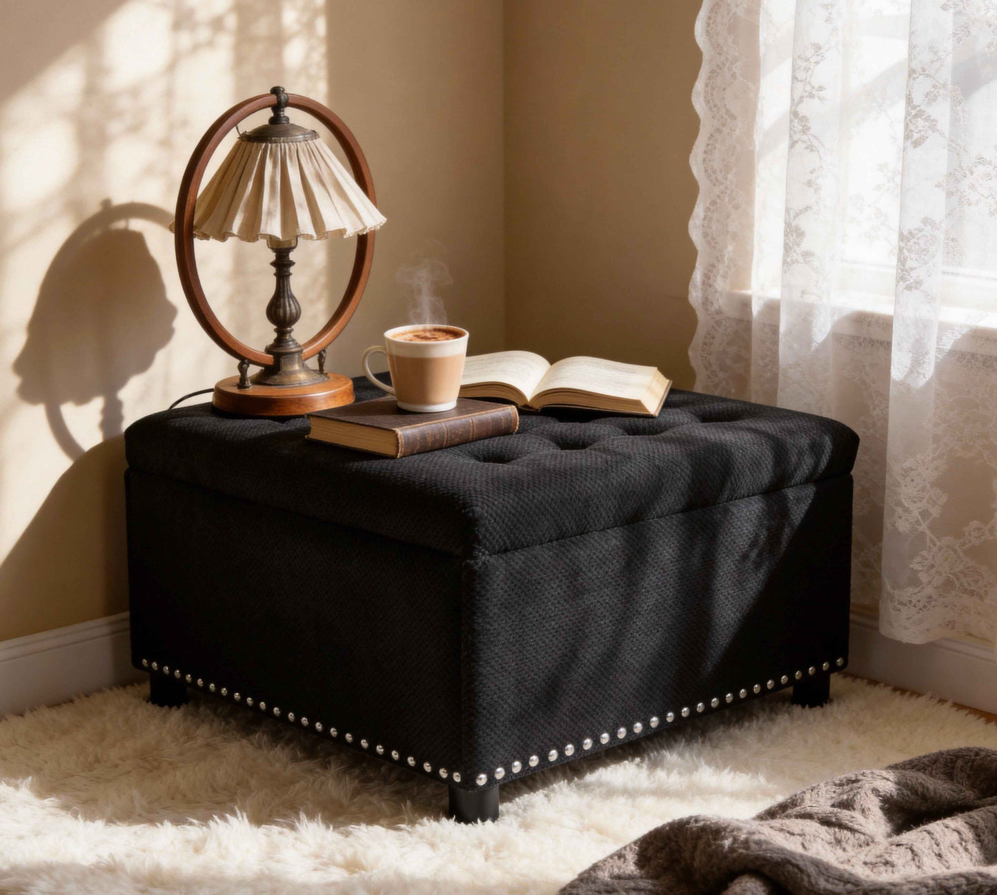Black Tufted Storage Ottoman – Square Upholstered Footstool with Nailhead Trim & Hidden Storage (Deliver to United States Only)