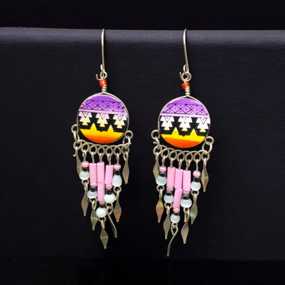Purple and Yellow Southwestern Round Shaped Dangle Earrings