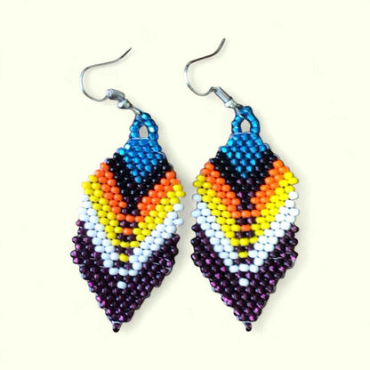 Purple and blue Beaded Feather Drop Earrings