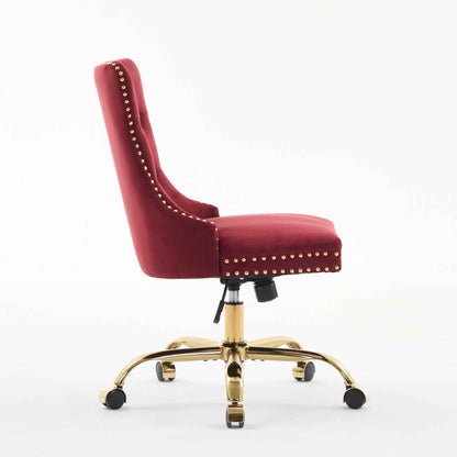 Wine Red Velvet Tufted Office Chair – Upholstered Swivel Desk Chair with Gold Metal Base (Deliver to United States Only)