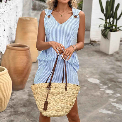 Women’s Summer Striped V-Neck Top & Shorts Set – Elegant Casual Two-Piece Outfit