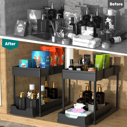 DEKAVA Under Sink Organizer 2 Pack, Bathroom Organizers, 2 Tier Sliding Cabinet Basket Organizer Drawer, Multi-Purpose Bath Collection Baskets for Bathroom (Black) 🍁 All In One Marketplace Canada
