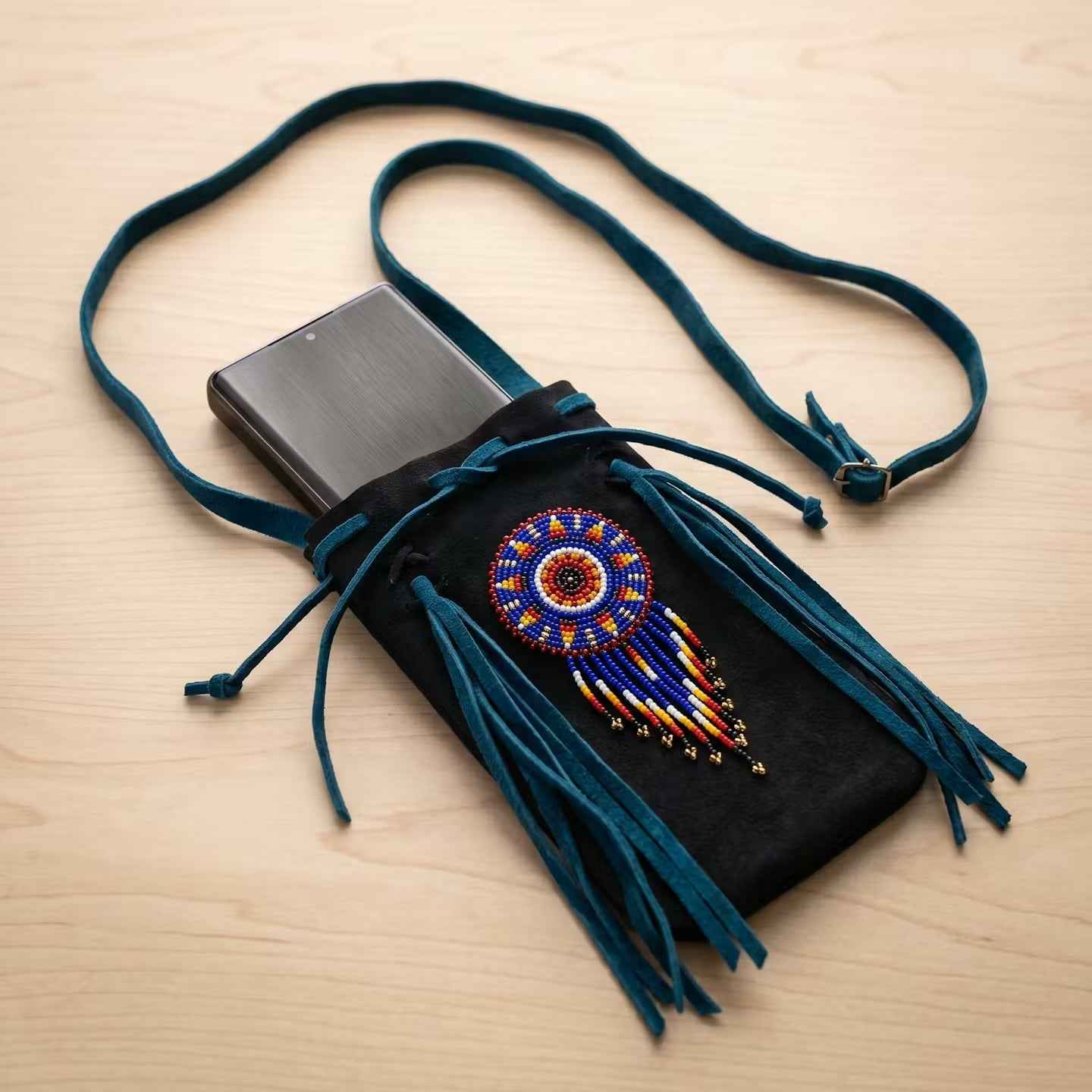 Beaded Suede Phone Pouch ~ Black turquoise