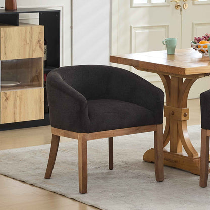 Mid-Century Modern Barrel Dining Chair with Arms – Black Upholstered Linen Accent Chair with Natural Rubberwood Frame (United States Delivery Only)