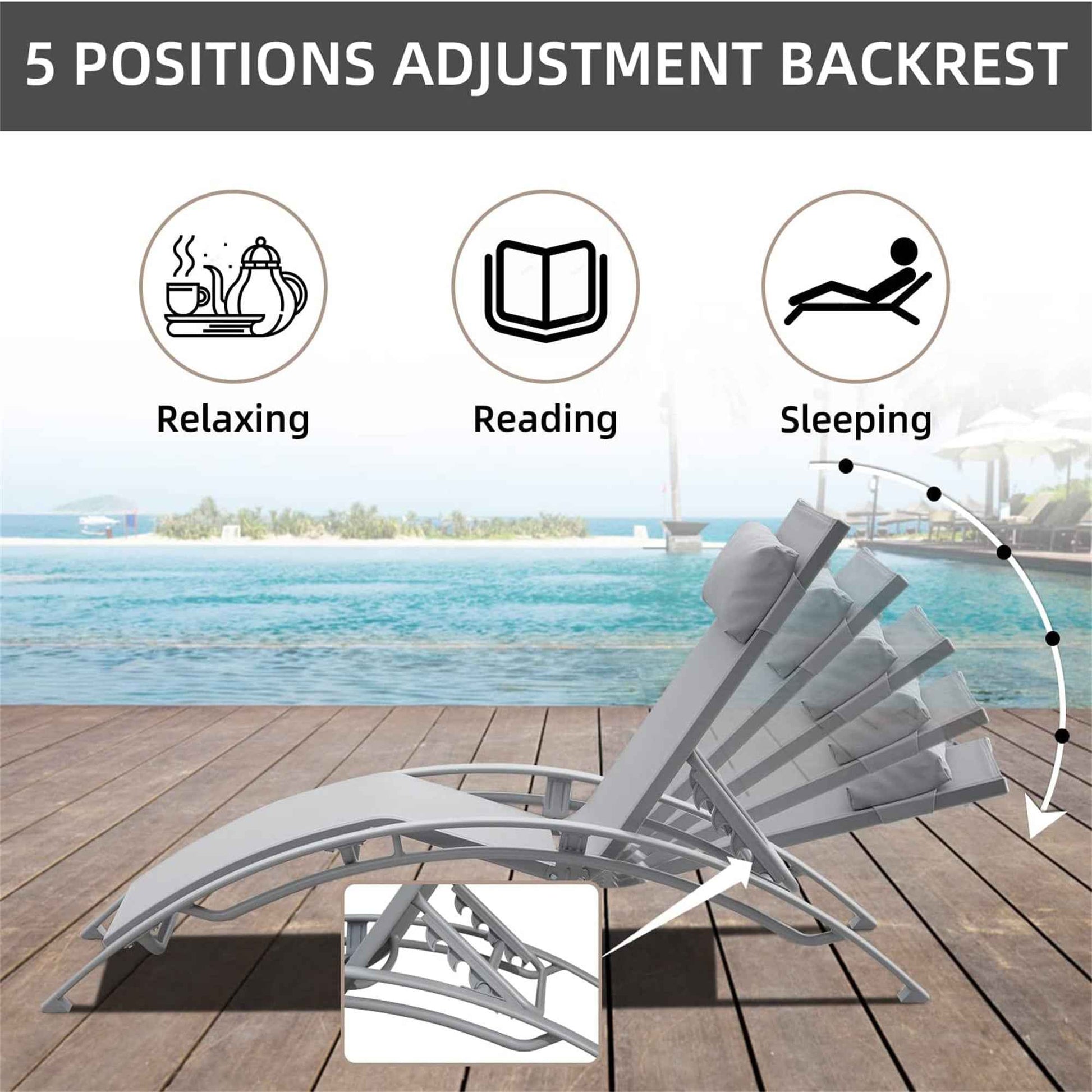 Pool Lounge Chairs Set of 3 – 2 Adjustable Aluminum Chaise Loungers with Side Table, Gray Outdoor Patio Furniture (Deliver to United States Only)