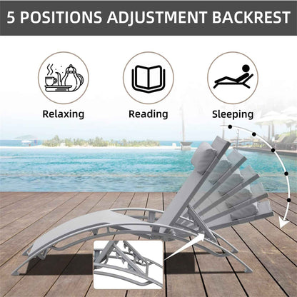 Pool Lounge Chairs Set of 3 – 2 Adjustable Aluminum Chaise Loungers with Side Table, Gray Outdoor Patio Furniture (Deliver to United States Only)