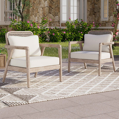 Set of 2 Outdoor Acacia Wood Patio Club Chairs – Deep Seating with Thick Cream Cushions (United States Delivery Only)