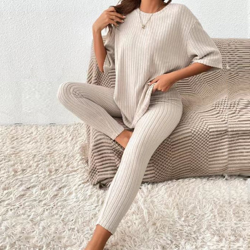 Women’s 2-Piece Drop-Shoulder T-Shirt & Leggings Set – Casual Urban Outfit with 3/4 Sleeves
