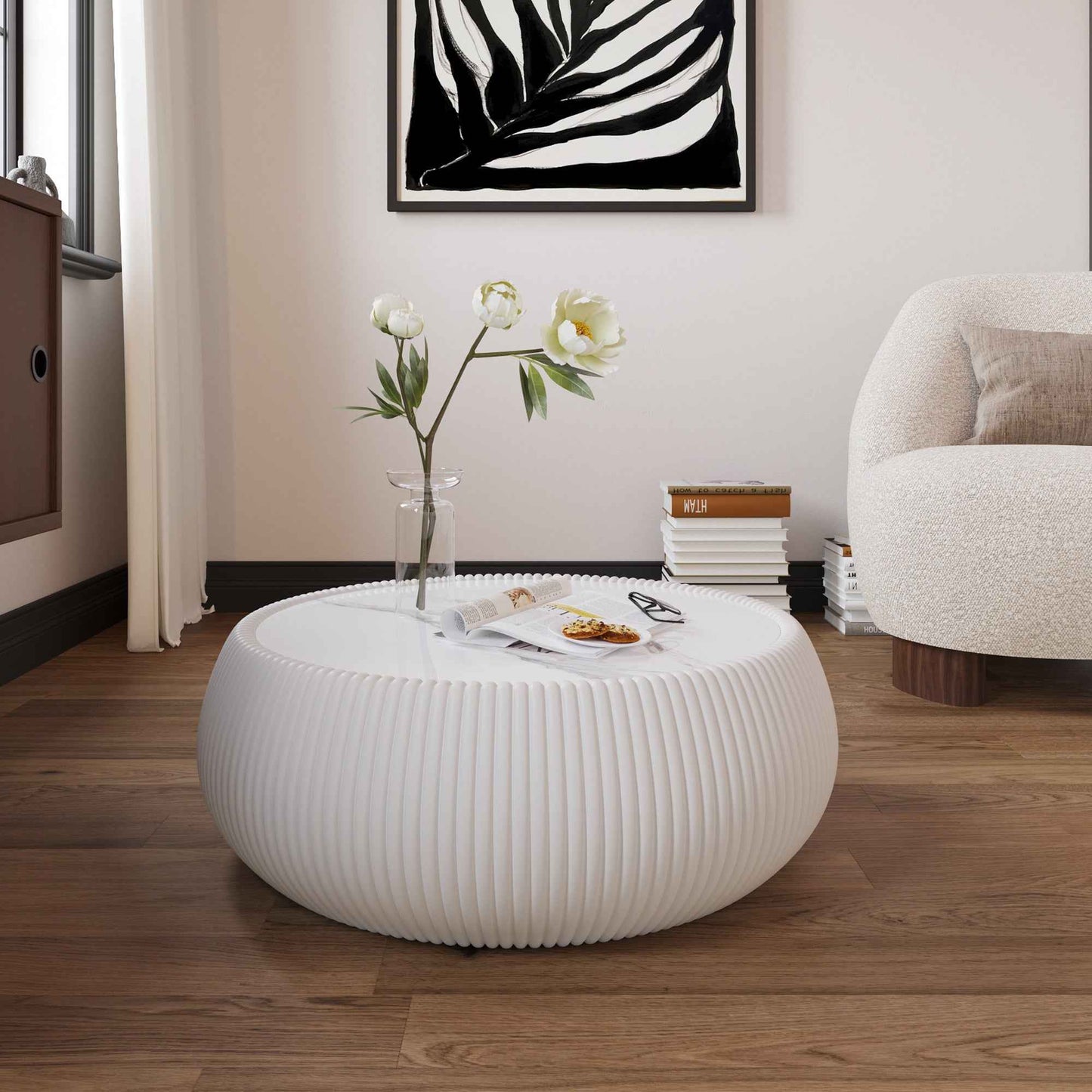 Cream White Drum Coffee Table with Sintered Stone Top & PU Leather Base – Modern Living Room Table