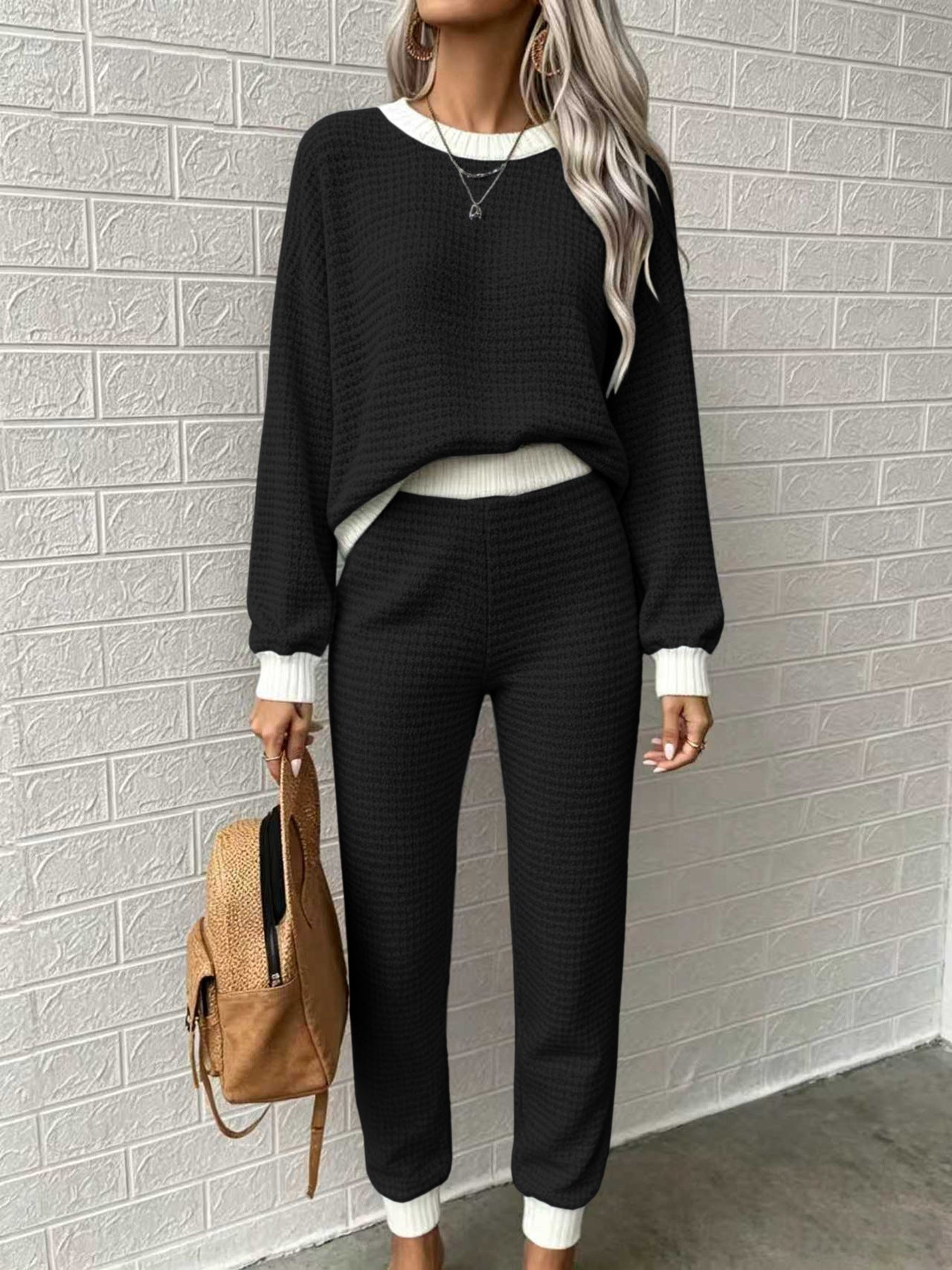 Women’s Waffle-Weave Sweatshirt & Pants Set – Casual Drawstring Crew-Neck Long-Sleeve Loungewear