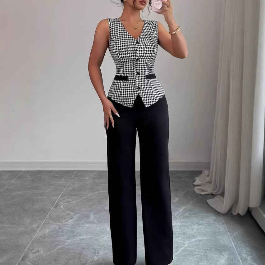Women’s Houndstooth Vest & Solid Trousers Set – Slim-Fit Sleeveless Two-Piece Casual Suit