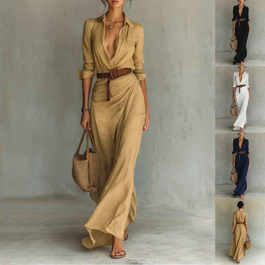 Women’s Long-Sleeve Shirt Dress with Belt – Button-Front Lapel Irregular Long Dress for Work & Casual Wear (US Delivery Only)