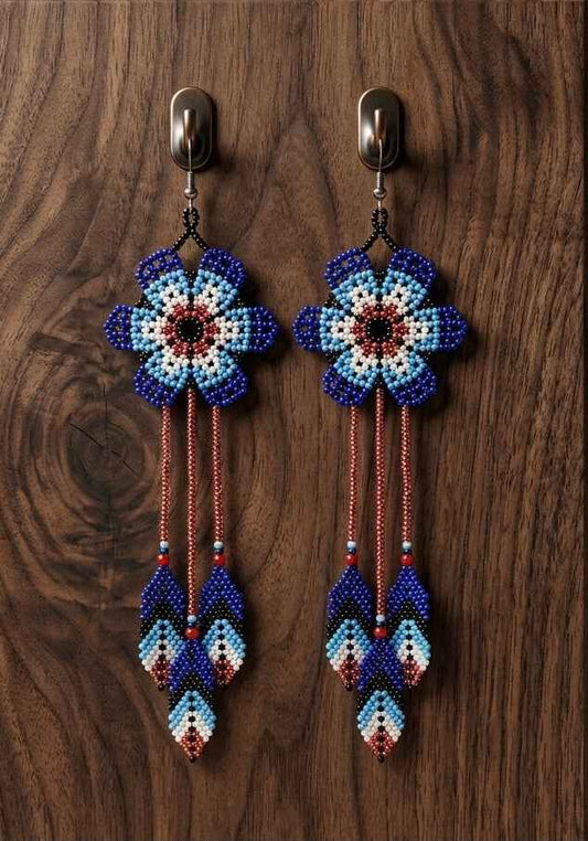 Sun Feather Bloom Beaded Earrings- rose pink/ light blue