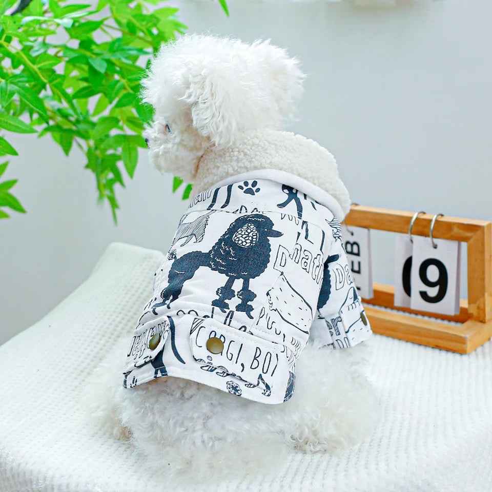 Sketch Print Dog Coat | Warm Dog Coat with Fur Trim
