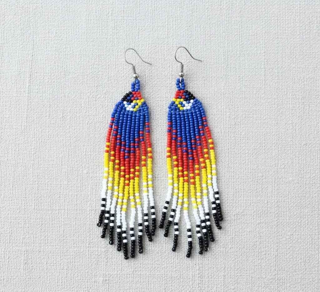 Blue red  4 corners Firebird Spirit Beaded Earrings