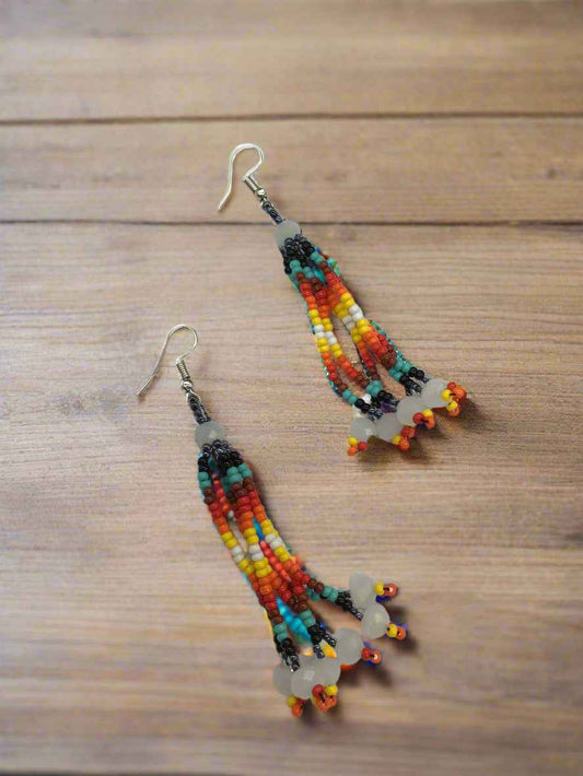 Neon Blue Six-Strand Beaded Cascade Earrings