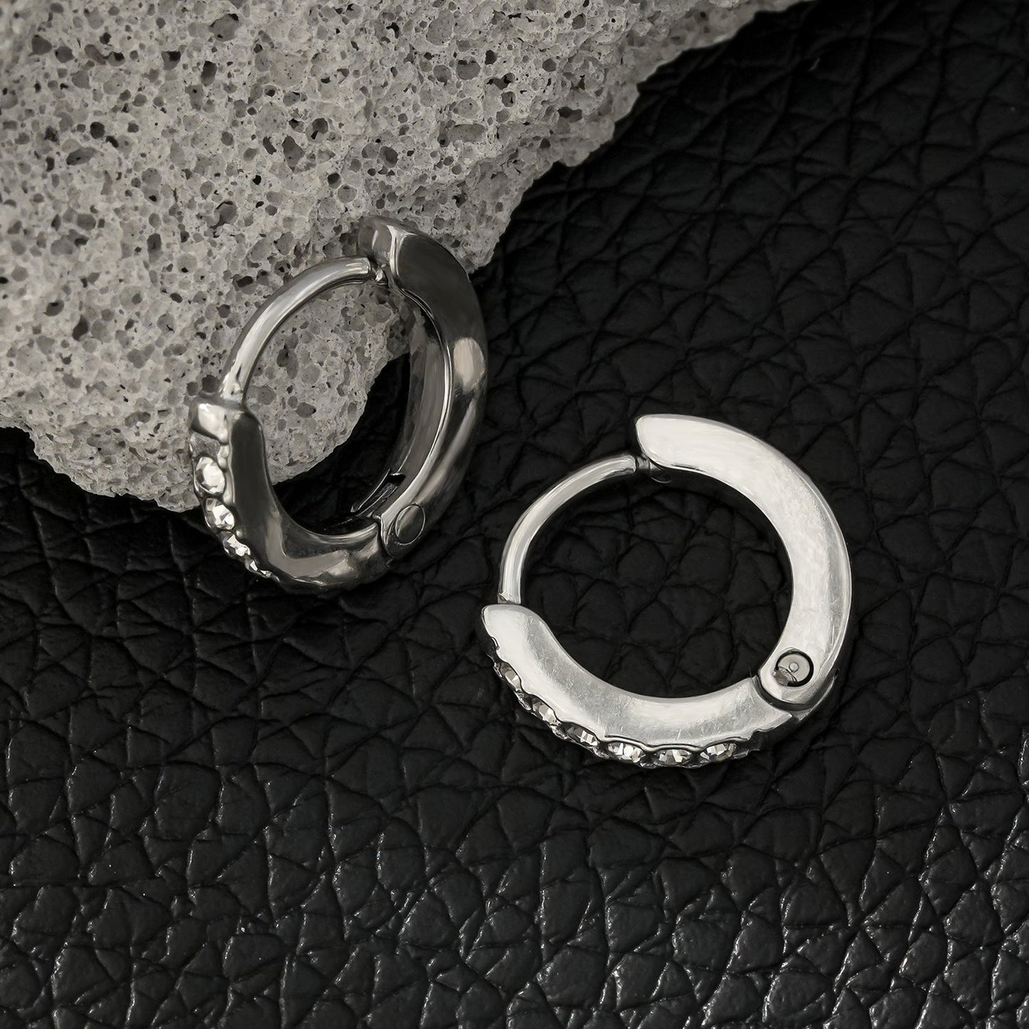 BLIJDE Silver (White Gold): Single Row Pavé Zirconia (CZ) Mini Hoop Earrings